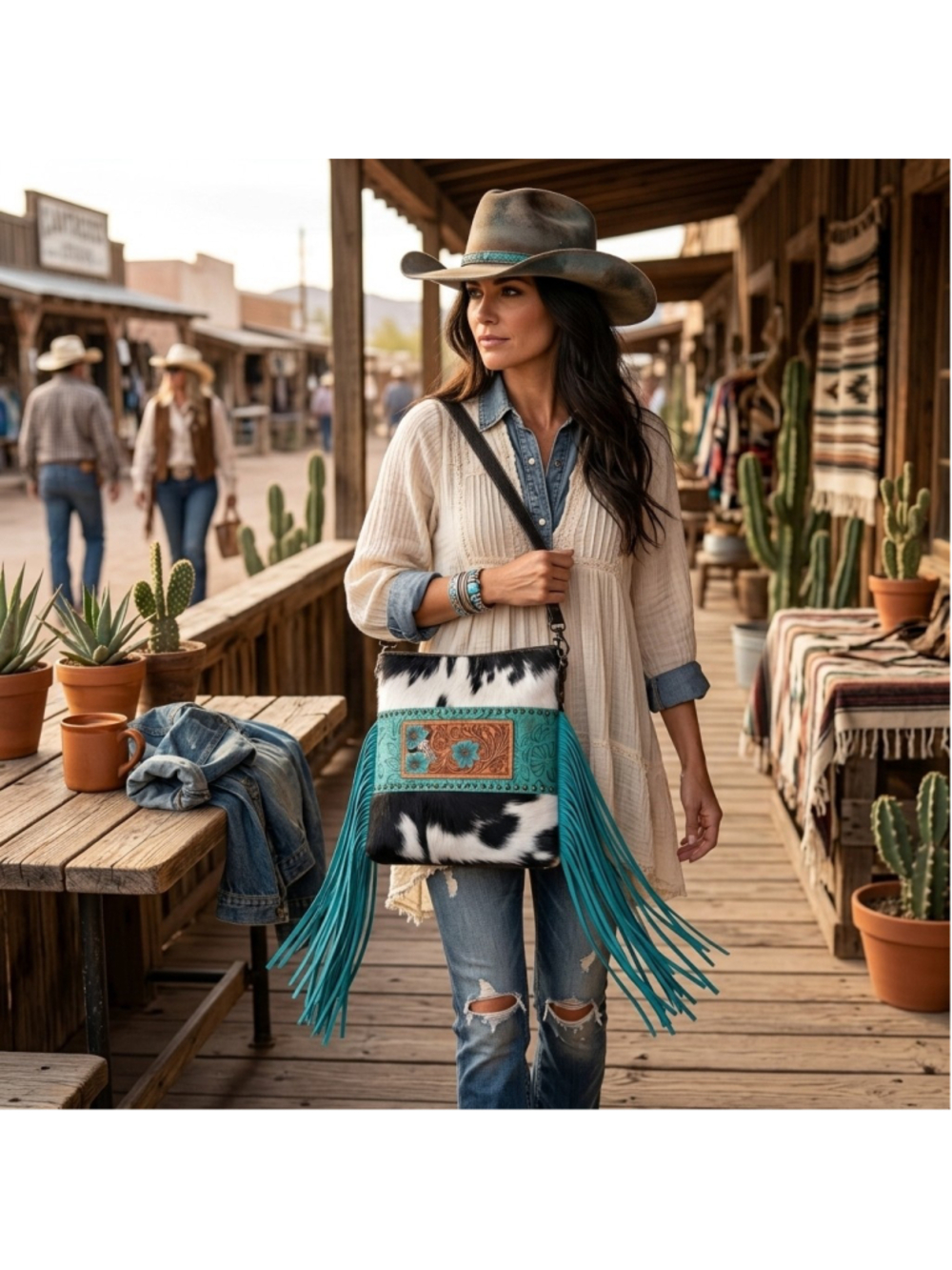 Olay by American Darling Turquoise Nights Fringe Crossbody- Black and white